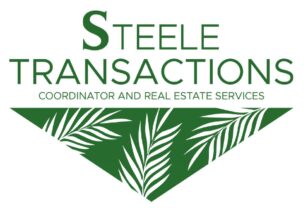 Steel Transactions logo with upside down triangle that has palm trees inside it. Green writing and white backround